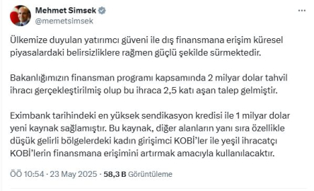 Bakan Şimşek: Eximbank tarihindeki en yüksek sendikasyon kredisini sağlandı