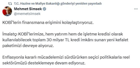 Bakan Şimşek: İmalatçı KOBİ'lerimize 30 milyar TL kredi imkanı sunuyoruz