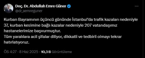 İstanbul - İstanbul İl Sağlık Müdürü Güner: Kurban kesimine bağlı kazalar nedeniyle 207 vatandaşımız hastanelerimize başvurmuştur.