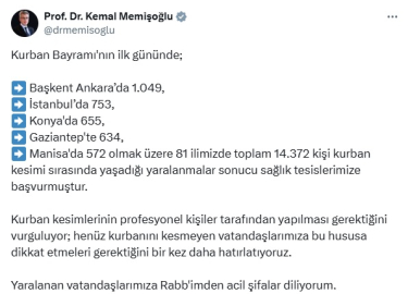 Bakan Memişoğlu: 81 ilde kurban kesimi sırasında 14 bin 372 kişi yaralandı