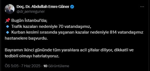 İstanbul - İstanbul İl Sağlık Müdürü Güner: Kurban kesimi sırasında yaşanan kazalar nedeniyle 814 vatandaşımız hastanelere başvurdu