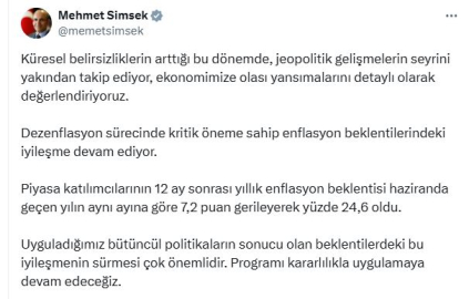 Bakan Şimşek: Jeopolitik gelişmelerin ekonomimize olası yansımalarını değerlendiriyoruz