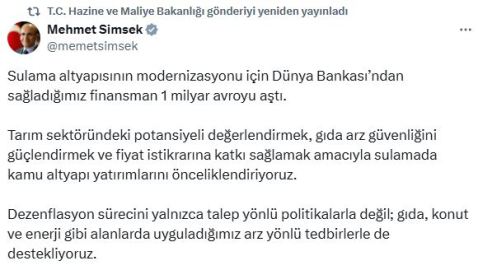 Bakan Şimşek: Sulama altyapısının modernizasyonu için sağladığımız finansman 1 milyar avroyu aştı