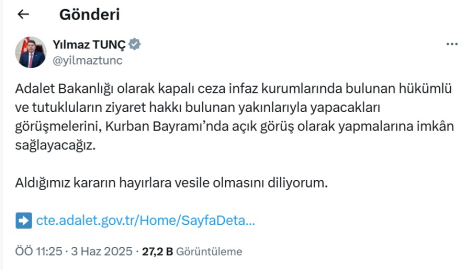 Kurban Bayramı'nda hükümlü ve tutuklulara 'açık görüş' imkanı