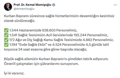 Bakan Memişoğlu: Kurban Bayramı süresince sağlık hizmetlerimizin devamlılığını kesintisiz olarak sürdüreceğiz