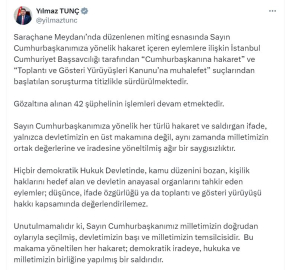 Bakan Tunç: Saraçhane'de gözaltına alınan 42 şüphelinin işlemleri devam ediyor