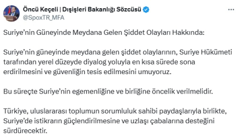 Dışişleri'nden Suriye'nin güneyindeki şiddet olaylarına ilişkin açıklama