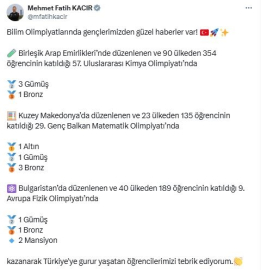Bakan Kacır, uluslararası olimpiyatlarda madalya alan öğrencileri tebrik etti