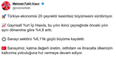 Bakan Kacır: Türkiye ekonomisi 20 çeyrektir kesintisiz büyümesini sürdürüyor