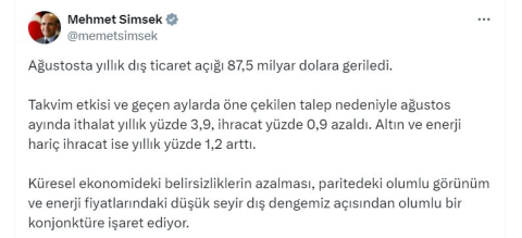 Bakan Şimşek'ten dış ticaret verilerine ilişkin değerlendirme