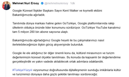 Bakan Ersoy: GoTürkiye YouTube kanalımız 5 milyon 280 bin abone sayısına ulaştı