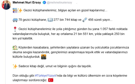 Bakan Ersoy: Gezici Kütüphanelerimiz ile 1057 noktada vatandaşlarımızla buluştuk