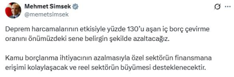 Bakan Şimşek: İç borç çevirme oranını belirgin şekilde azaltacağız