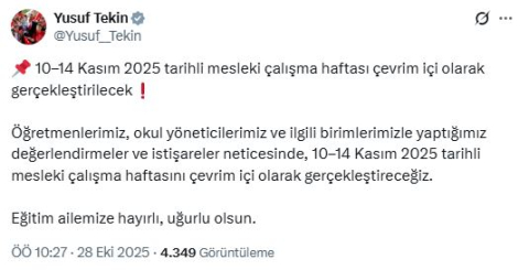 Bakan Tekin: Mesleki çalışma haftası çevrim içi olacak