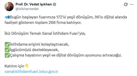 Bakan Işıkhan: İkiz Dönüşüm Temalı Sanal İstihdam Fuarı'na 268 firma katılıyor