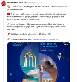 Bakan Kacır'dan araştırmacılara 'Uzay Kongresi' daveti